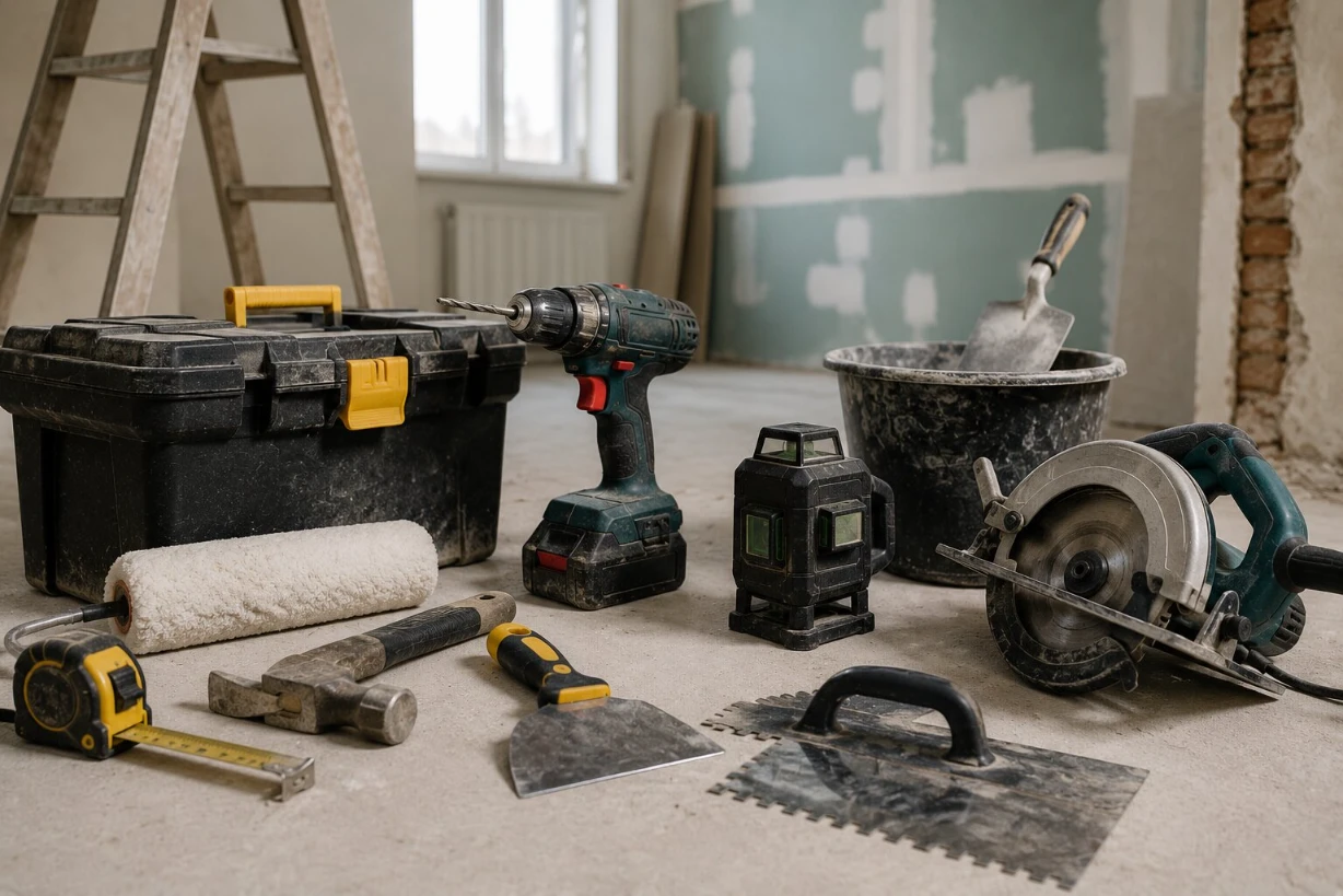Scule și echipamente pentru renovare într-un apartament aflat în lucru