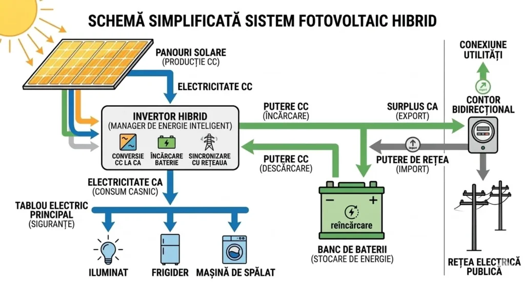 Schema simplificata a unui sistem fotovoltaic hibrid pentru locuinta