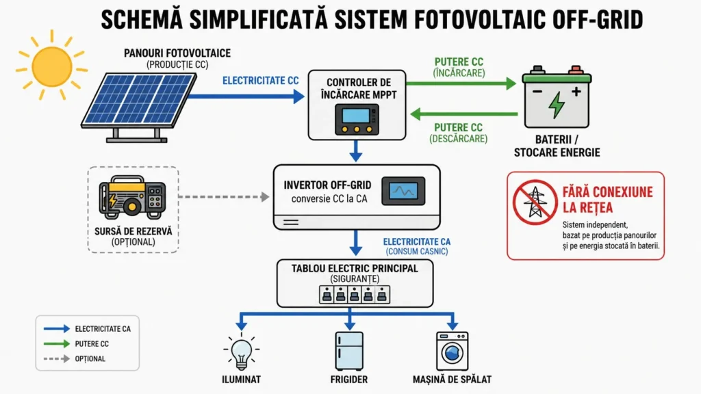 Schema simplificata a unui sistem fotovoltaic off-grid pentru locuinta