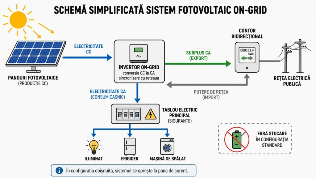 Schema simplificata a unui sistem fotovoltaic on-grid pentru locuinta