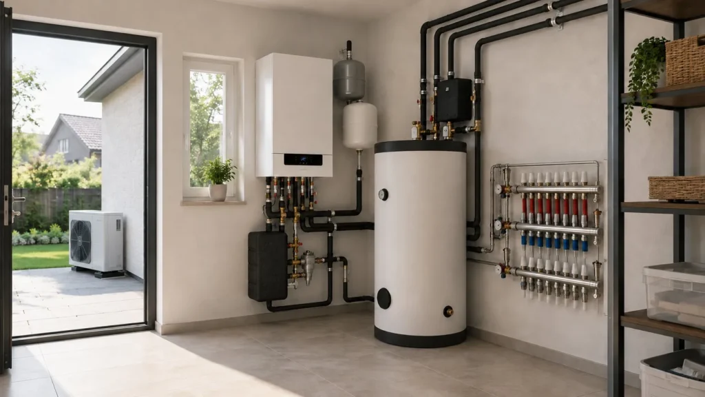 Sistem termic cu centrală, boiler și distribuitor pentru încălzire