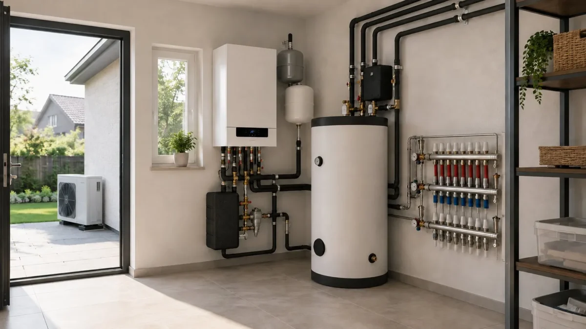 Sistem termic cu centrală, boiler și distribuitor pentru încălzire