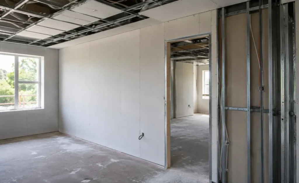 Pereți interiori din gips-carton pe structură metalică într-o locuință în lucru