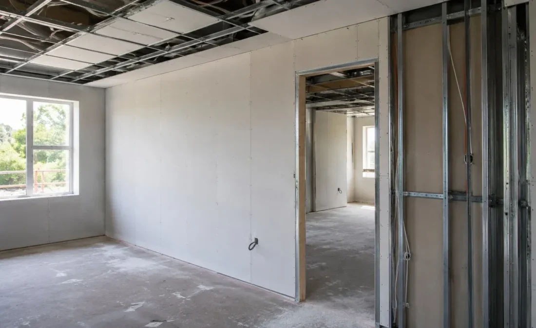 Pereți interiori din gips-carton pe structură metalică într-o locuință în lucru