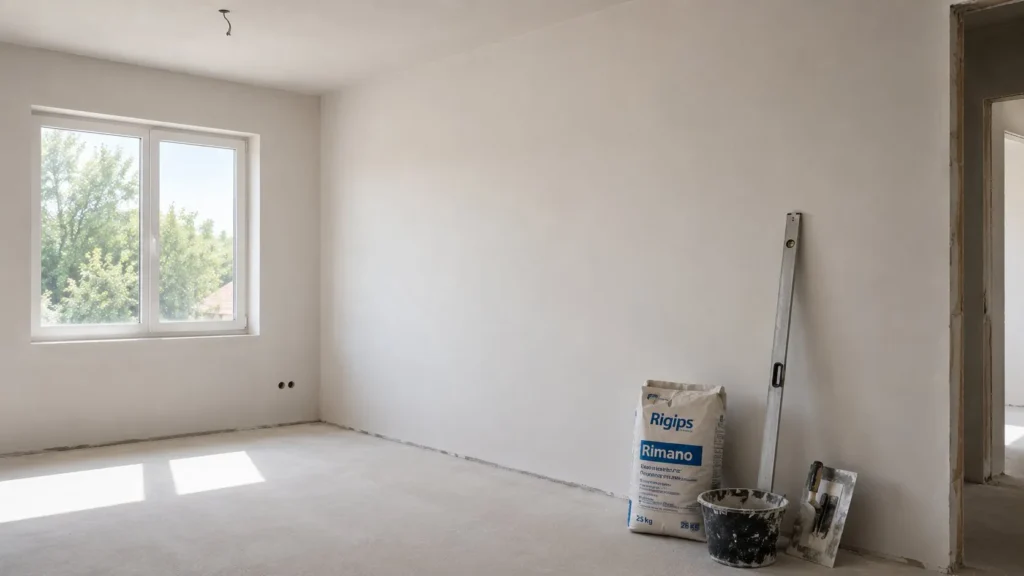 Cameră cu pereți finisați și materiale pentru tencuială interioară