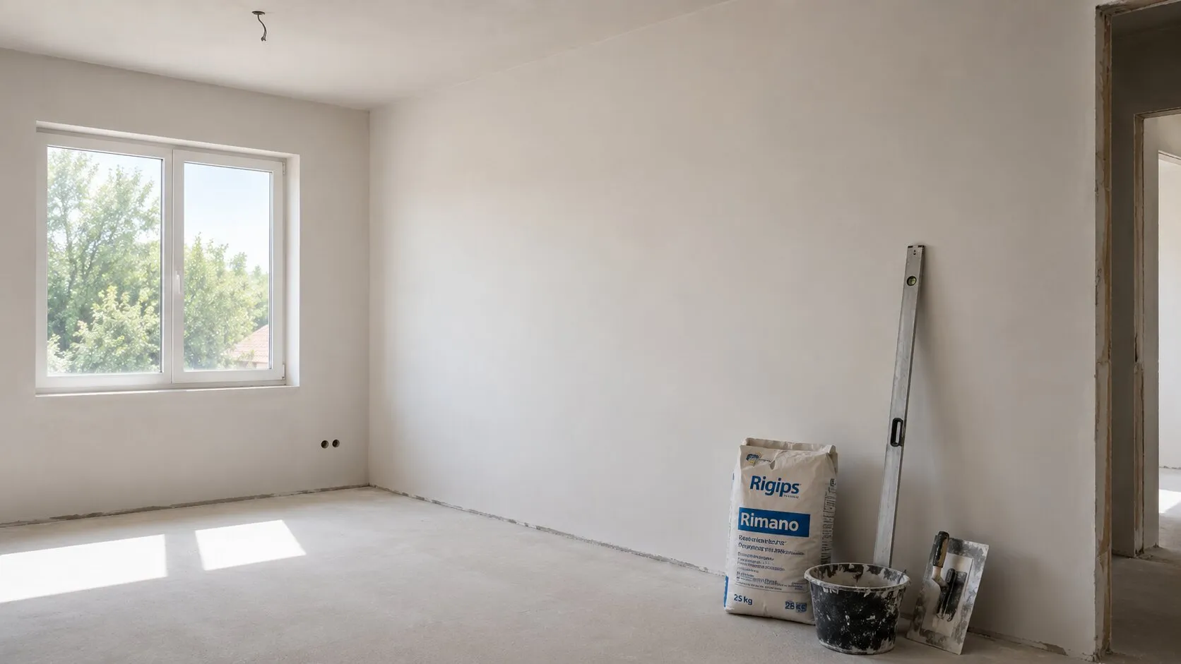 Cameră cu pereți finisați și materiale pentru tencuială interioară