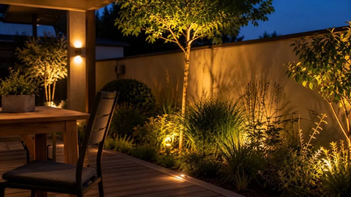 Terasă exterioară iluminată cu spoturi și lumini ambientale