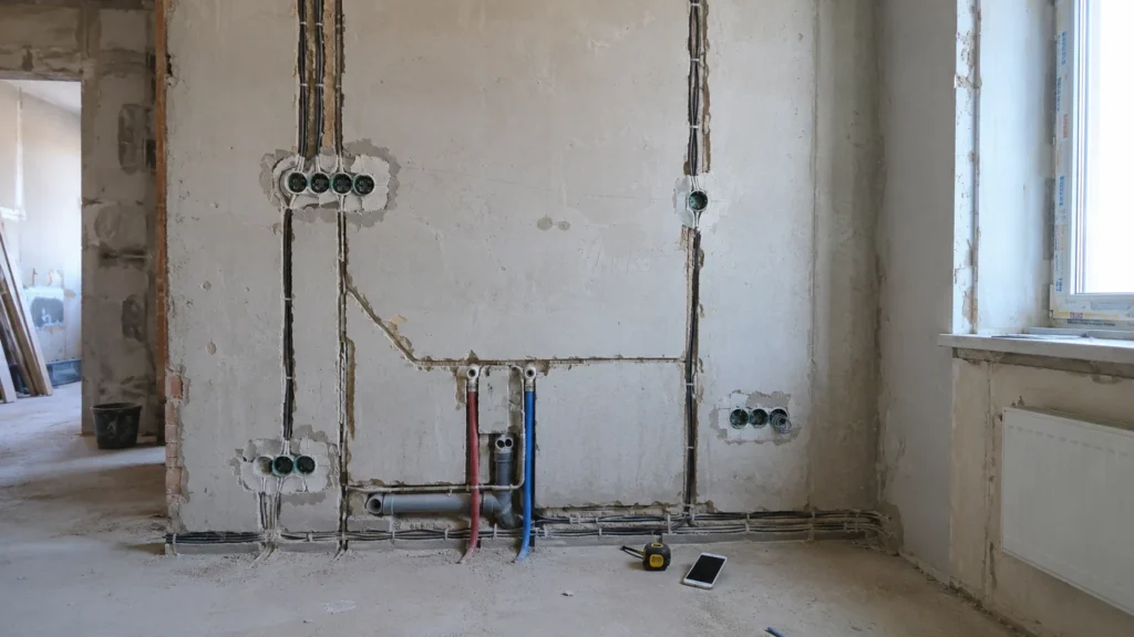 Trasee electrice și sanitare vizibile într-un perete înainte de închiderea lucrărilor
