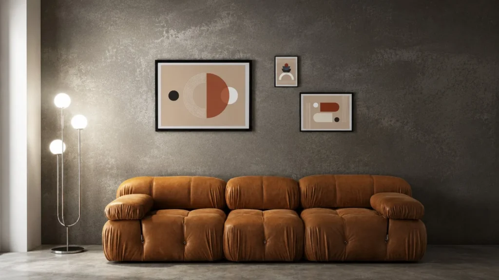 Living modern cu perete decorativ închis la culoare și canapea maro