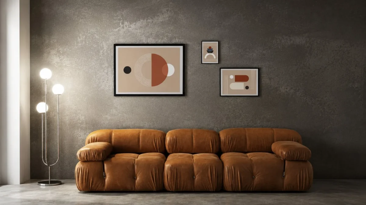 Living modern cu perete decorativ închis la culoare și canapea maro