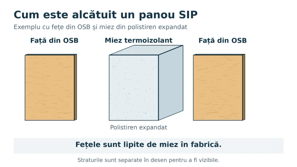 Alcătuirea unui panou SIP cu două fețe din OSB și miez termoizolant din polistiren expandat.