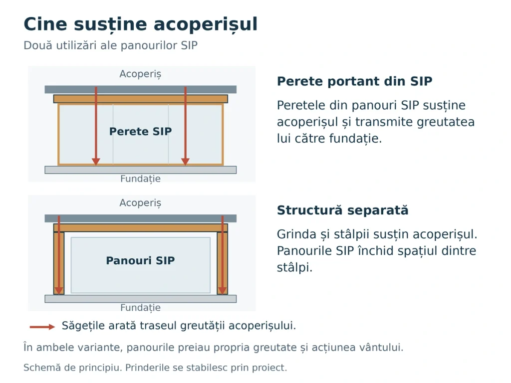 Transmiterea greutății acoperișului printr-un perete portant din SIP și printr-o structură separată din stâlpi și grinzi.